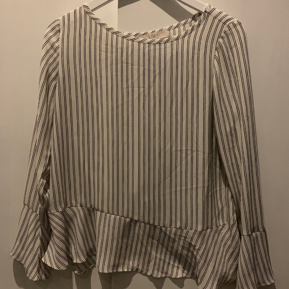 loft stripe peasant sleeve blouse cross back NWOT